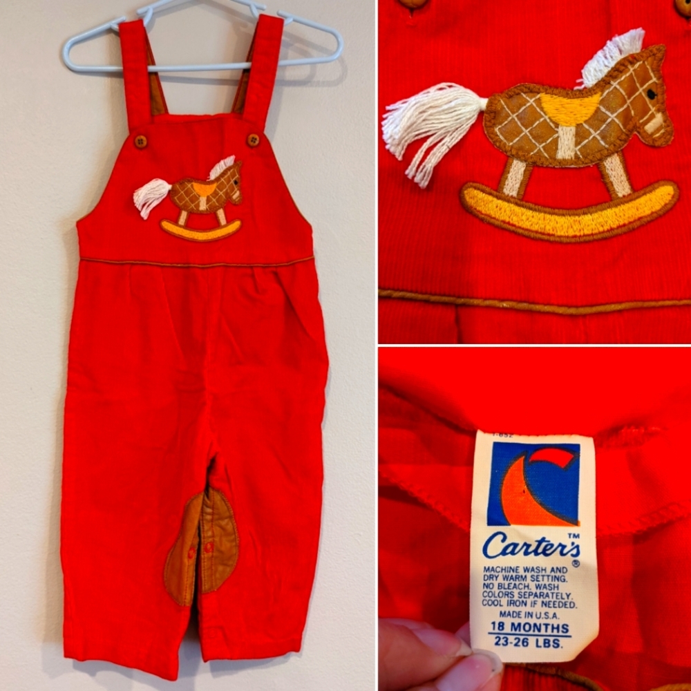 Vintage 70s 80s Carter's red corduroy overalls with horse 18 months
